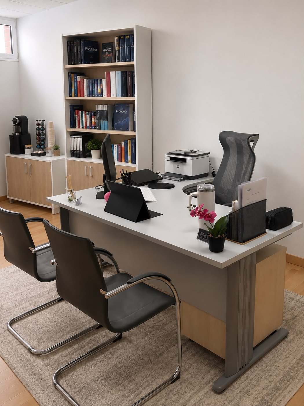 Despacho de TAXWISE en Reus — zona de atención con biblioteca fiscal