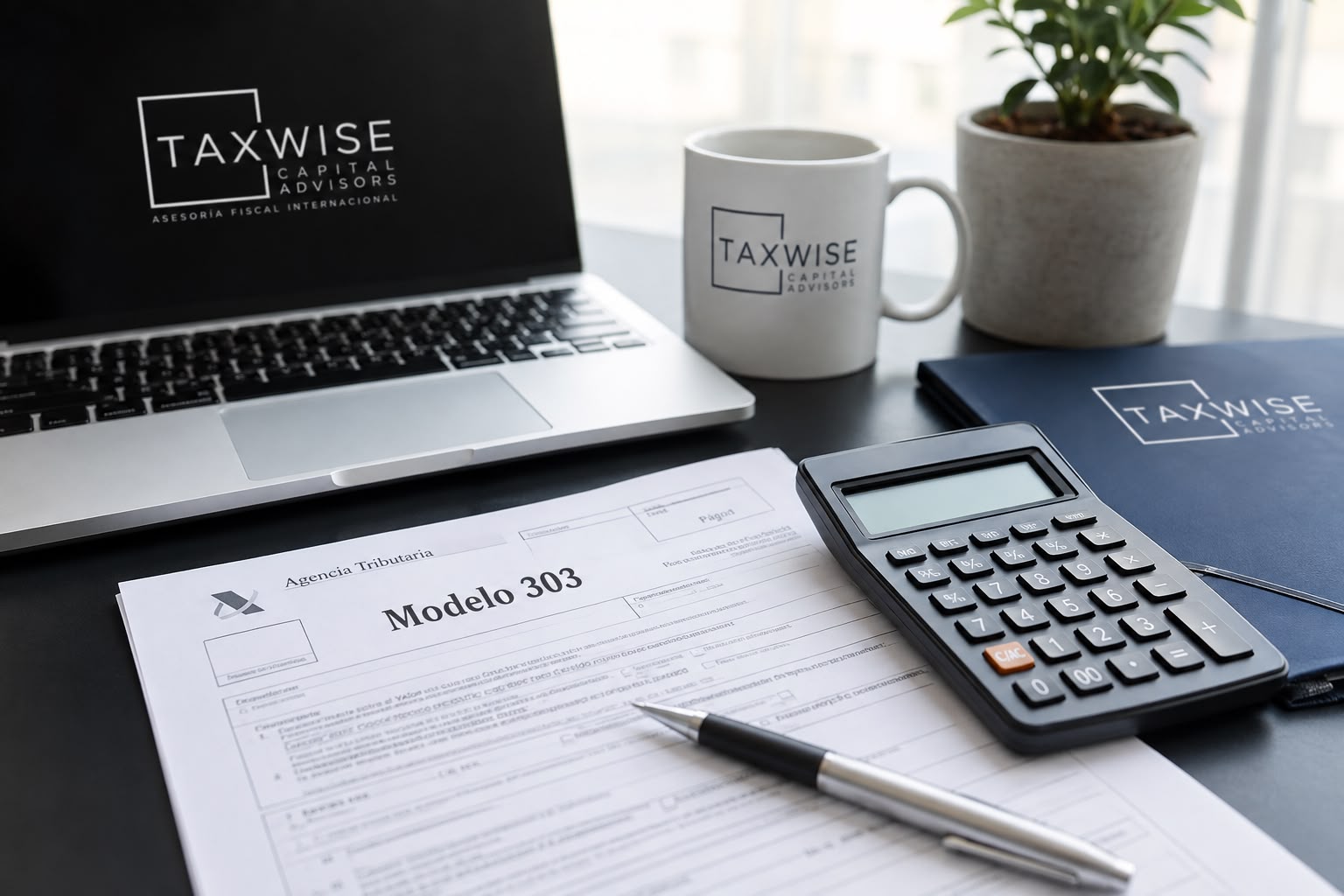 Escritorio de TAXWISE Capital Advisors: portátil y taza con el logo, calculadora y el Modelo 303 de la Agencia Tributaria